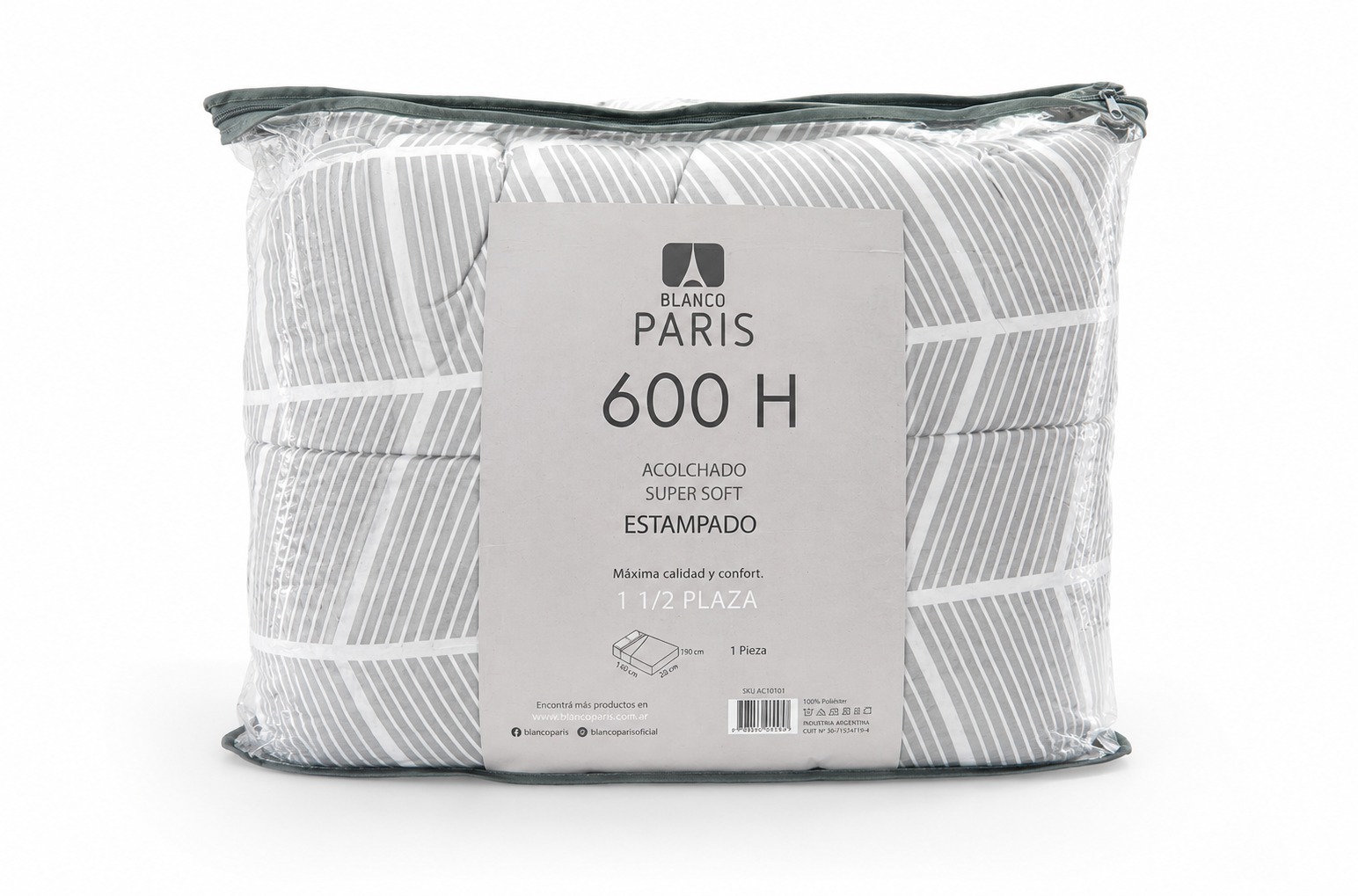 ACOLCHADO ESTAMPADO 1 PLAZA Y MEDIA 600H - BLANCO PARIS