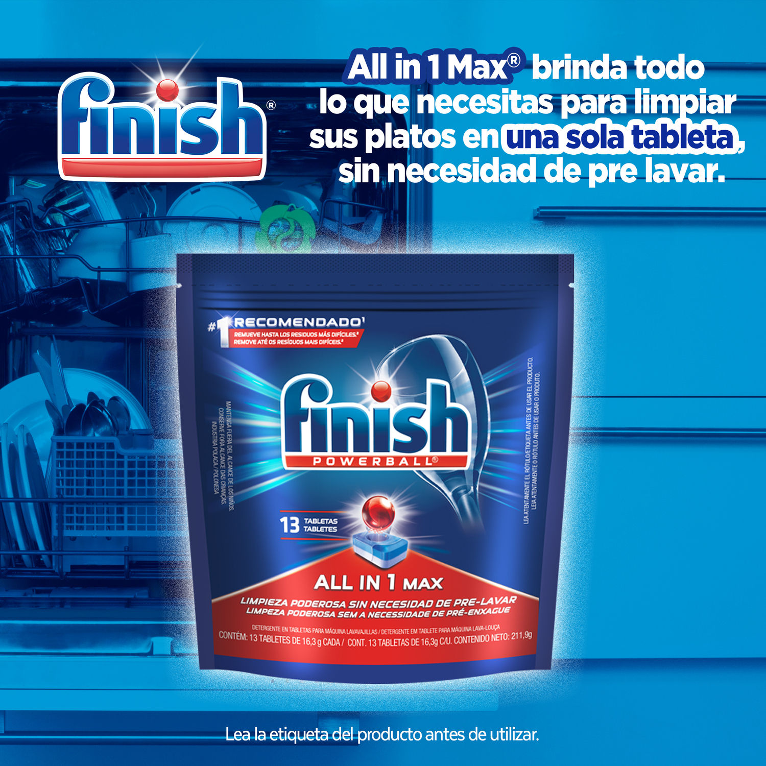 Lavavajilla P/Maquina Tabletas Powerbal Finish 208 Grs
